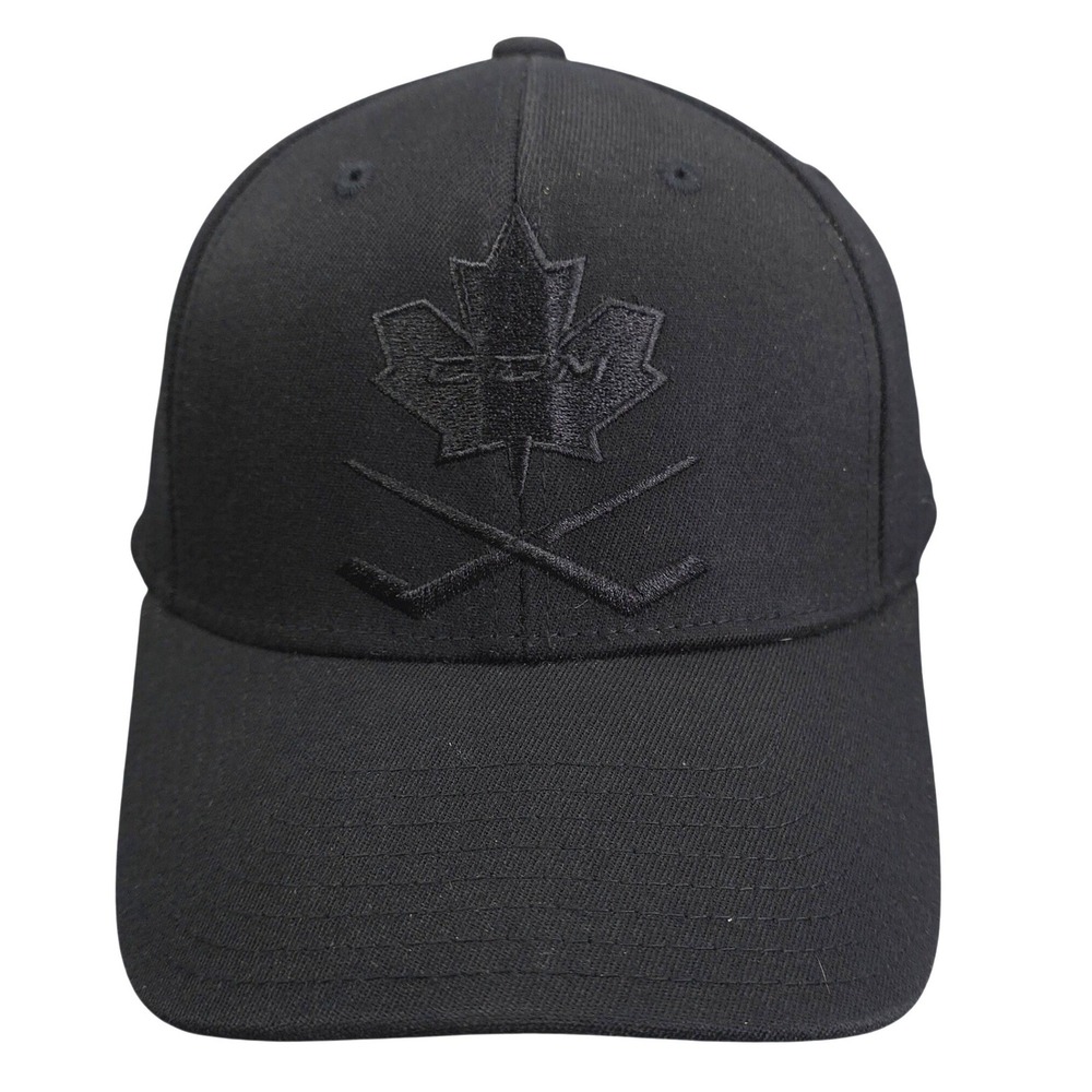 CCM Leaf Blackout Hat Cap Mens Fitted L XL Black Canada Mapleleaf Hockey